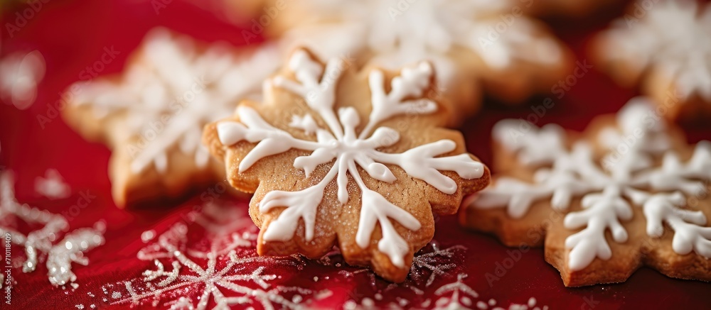 Snowflake-shaped Christmas cookies with sugar icing, on a red tablecloth. Snowflake-shaped Christmas cookies with sugar icing, on a red tablecloth.