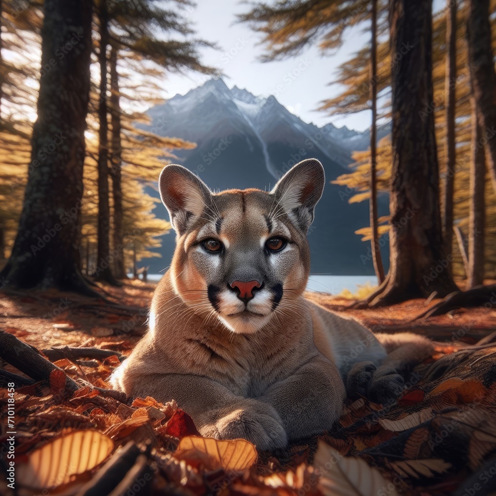 Mountain cougar resting amidst forest scenery