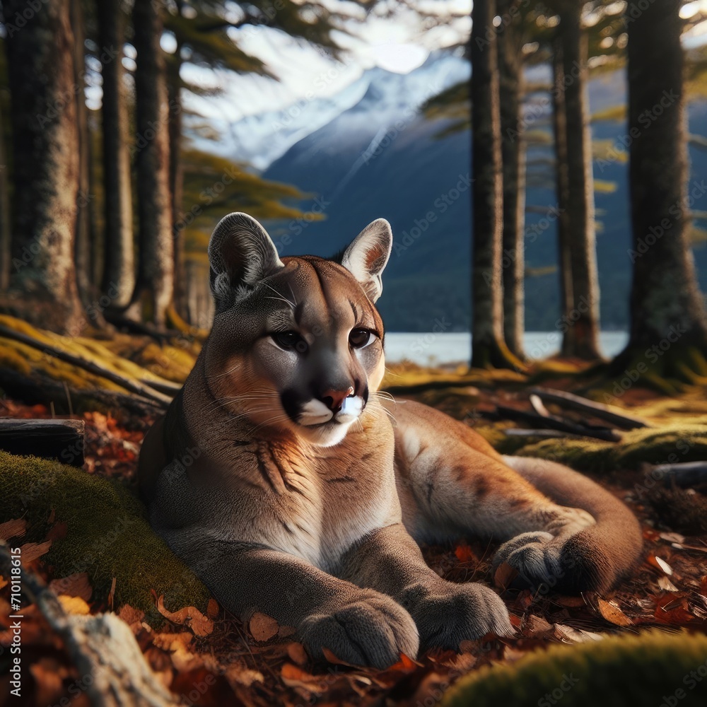 Naklejka premium Mountain cougar resting amidst forest scenery