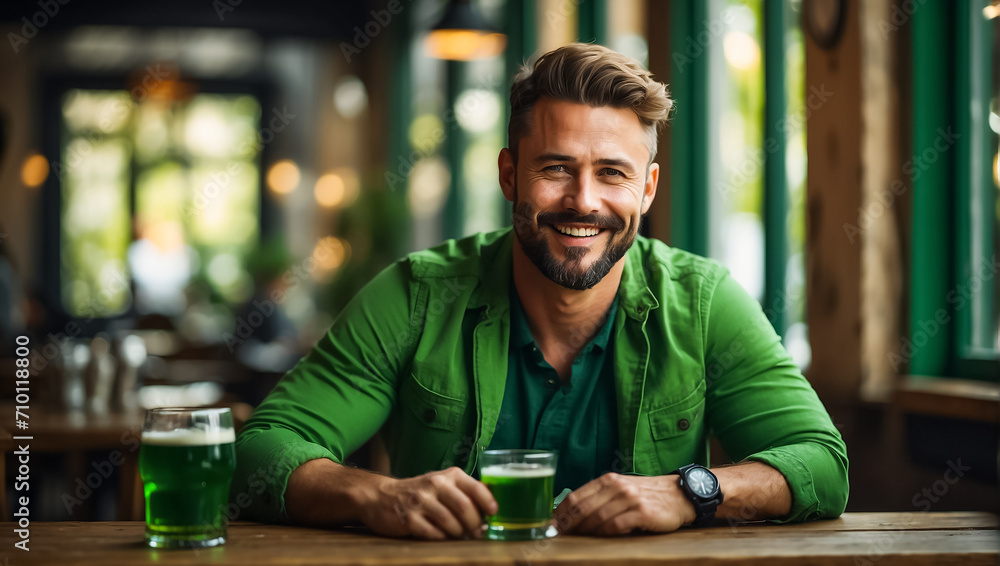 Man happy with Glass of Green Beer at Bar Man happy with Glass of Green Beer at Bar