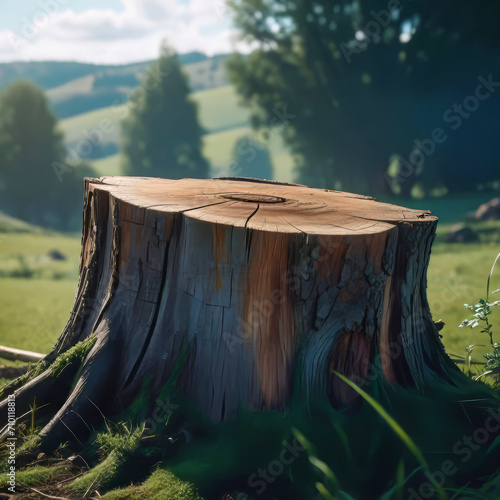 Large detailed scenic wooden stump on a food farm, with a cozy village in the background, a podium for demonstrating organic products,