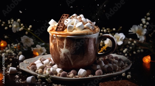 A cup of hot cocoa or coffee with marshmallows on a wooden table. The atmosphere of celebration and comfort.