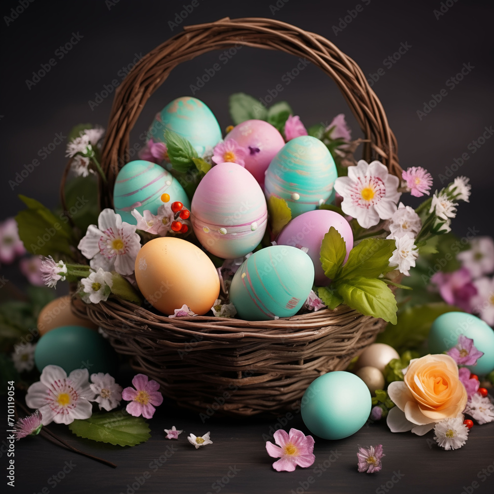 Beautiful basket in the center of the frame full of painted Easter eggs decorated with green leaves and flowers on a dark background