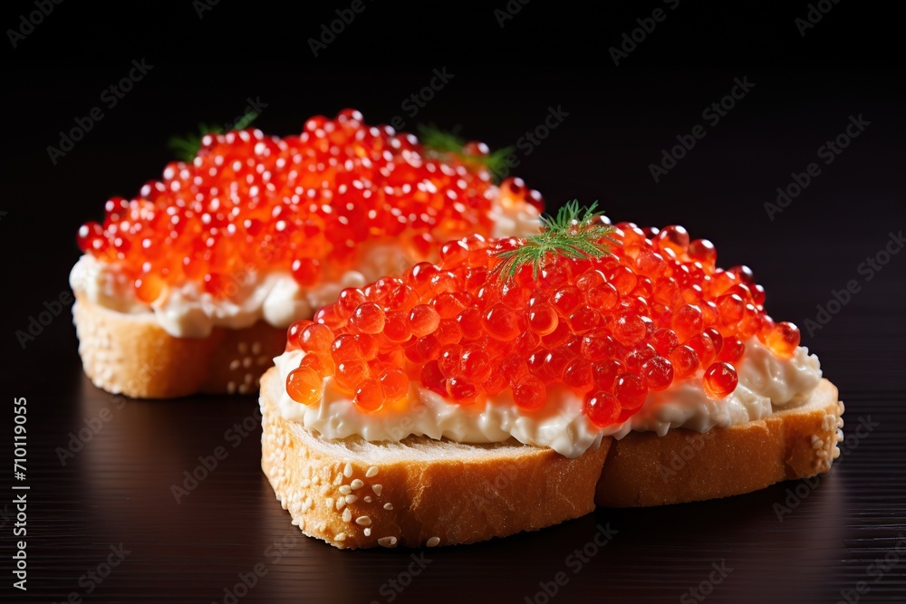 Bread with fresh red caviar on wooden background Bread with fresh red caviar on wooden background
