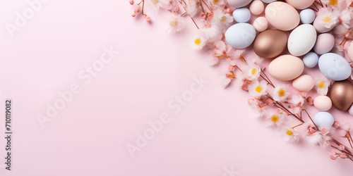 Multi-colored Easter eggs in pastel colors surrounded by a branch of flowers  laid out in the form of a triangle