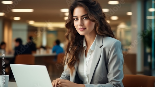 Portrait of Young Successful Caucasian Businesswoman Sitting at Desk Working on Laptop Computer in City Office