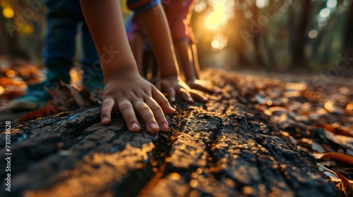 Children's hands exploring nature and the tactile textures of the earth in the warm autumn sun