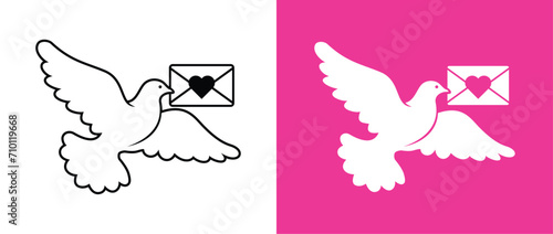 Carrier pigeon with valentine envelope. Mail delivery. Pigeon post. Cartoon Vector on transparent and pink background