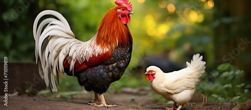 A rooster and mother hen care for their newborns. Domesticated chickens, scientifically known as Gallus gallus domesticus, are raised for their meat. photo
