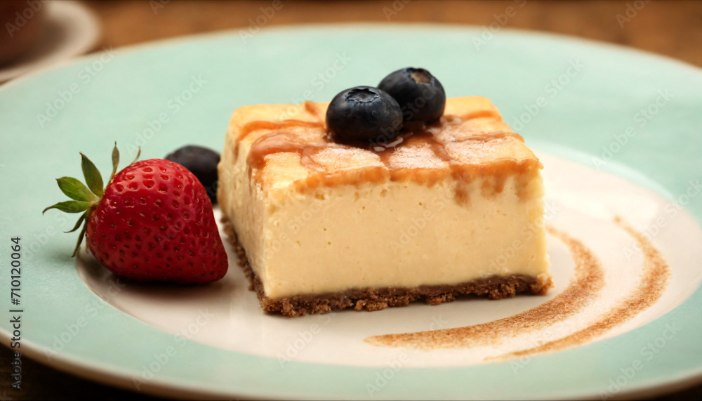 A slice of cheesecake topped with blueberries and a strawberry on a plate with cinnamon dusting.
A slice of cheesecake topped with blueberries and a strawberry on a plate with cinnamon dusting.