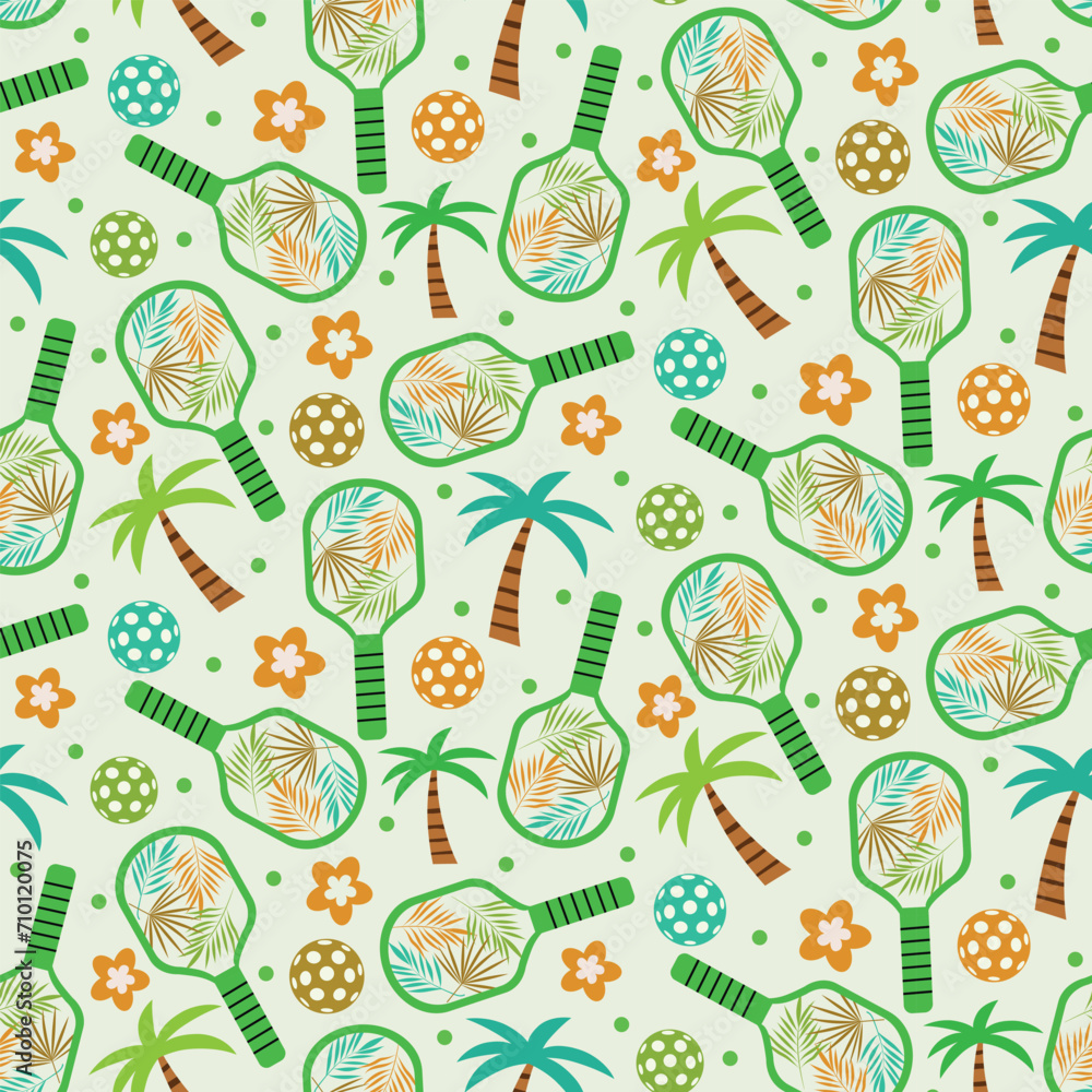 Pickleball paddles seamless pattern  with tropical leaves, palm trees and balls. For textile, fabric and summer décor