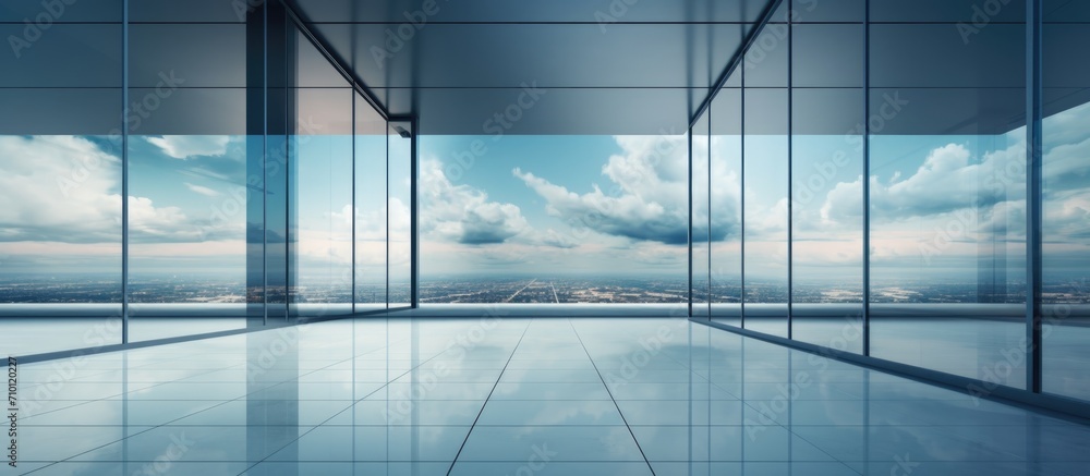 Stylish office building wall with big glass windows mirrors cloudy sky.