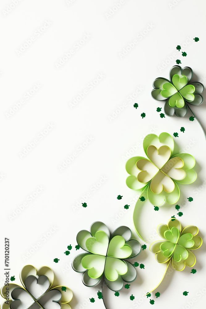 Abstract St Patrick Day background with paper clover leaves and confetti on white table. Top view. Flat lay. - obrazy, fototapety, plakaty 