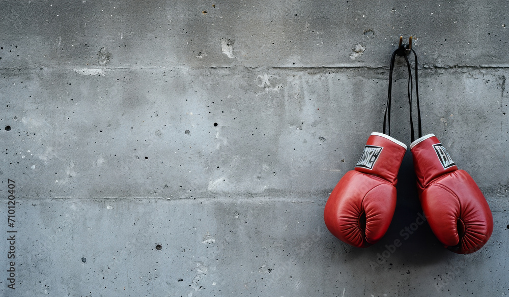 Red boxing gloves hanging on a hook against a concrete wall, symbolizing sports, training, and combat readiness with ample copy space. Banner with copy space.