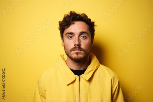 Portrait of a handsome young man in a yellow hoodie on a yellow background. © Igor