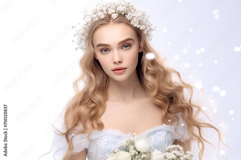 Beautiful woman in princess gown with baby breath flowers
