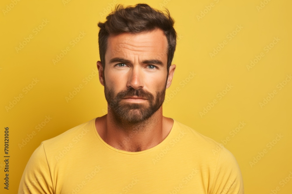 Portrait of handsome bearded man in yellow t-shirt on yellow background Portrait of handsome bearded man in yellow t-shirt on yellow background