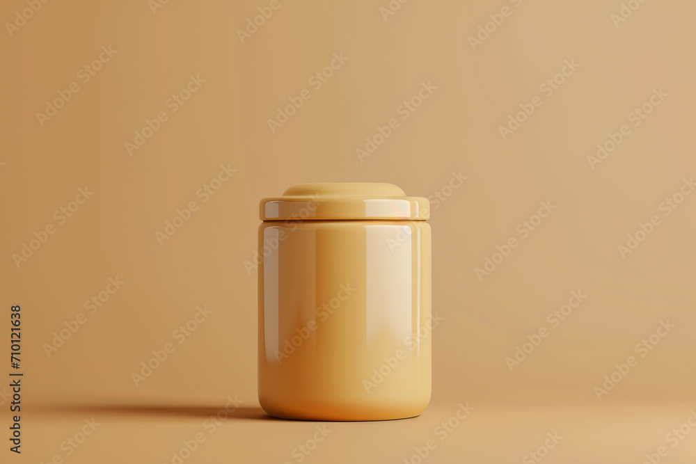 Minimalistic beige baby food jar on a matching neutral background, exemplifying modern, clean product design Minimalistic beige baby food jar on a matching neutral background, exemplifying modern, clean product design