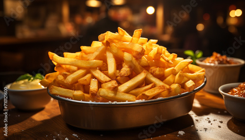 Close up of a delicious gourmet meal, French fries generated by AI