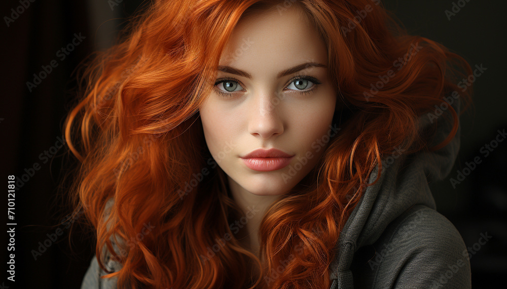 Beautiful redhead woman looking at camera with confidence generated by AI Beautiful redhead woman looking at camera with confidence generated by AI