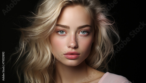 Beautiful blond woman with blue eyes looking at camera generated by AI