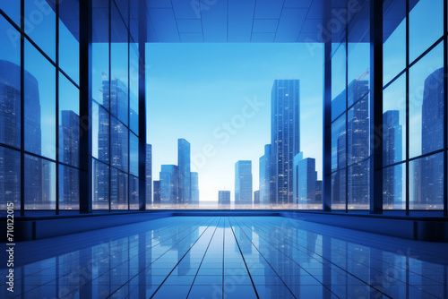 Panoramic view of a modern cityscape seen through the expansive windows of a sleek glass building. Business finance corporate concept