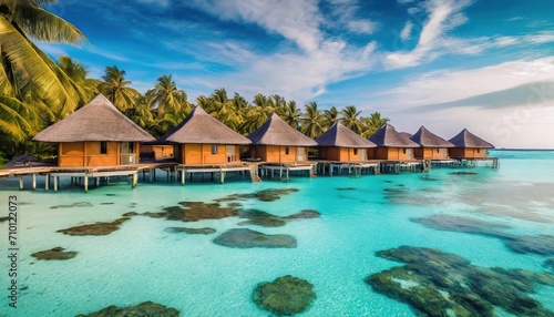 Tropical Paradise with Overwater Bungalows. Crystal-clear waters surround stilted huts amidst lush palms, evoking a serene island escape. photo