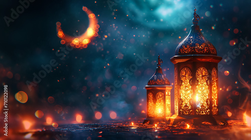 Ornamental Arabic lantern with burning candle glowing at night. Festive greeting card  invitation for Muslim holy month Ramadan Kareem.