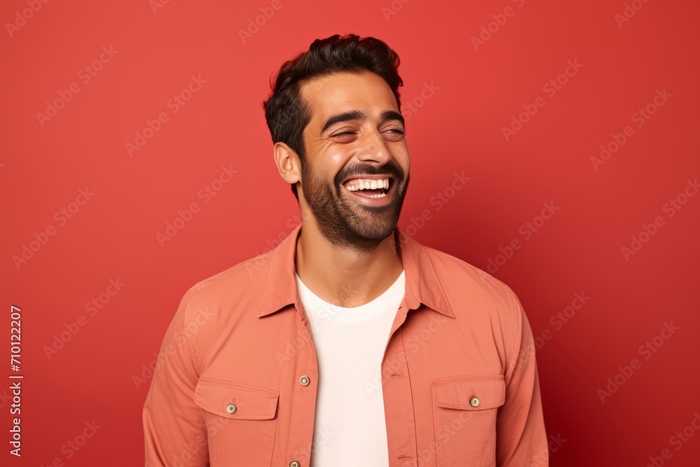 Handsome young man laughing and looking at camera against red background Handsome young man laughing and looking at camera against red background