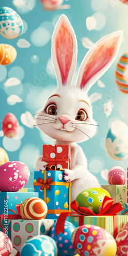 Joyful Easter Bunny with Gifts and Painted Eggs