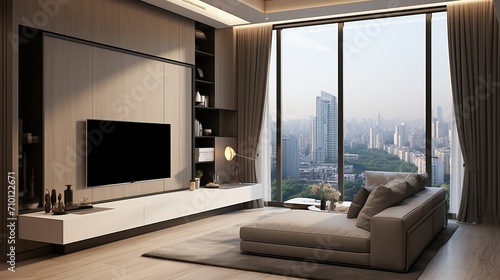 Stylish and trendy minimalist interior design of a modern living room with a sleek television © Ilja