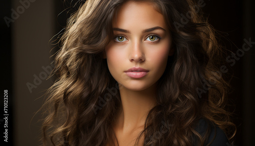 Beautiful woman with long brown hair looking at camera generated by AI