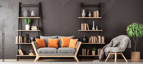 Modern scandinavian living room with sofa, chair, and bookshelf against cracked pepper color walls. photo