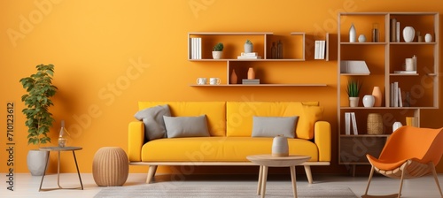 Scandinavian living room with stylish sofa, chair, and bookshelf against limitless color walls. photo