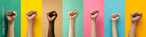 International Women's day concept - collage of diverse female fists on colorful solid color background photo