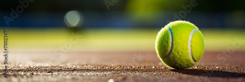 Vibrant tennis ball close up with detailed texture on court, ample space for text in banner design. © Ilja