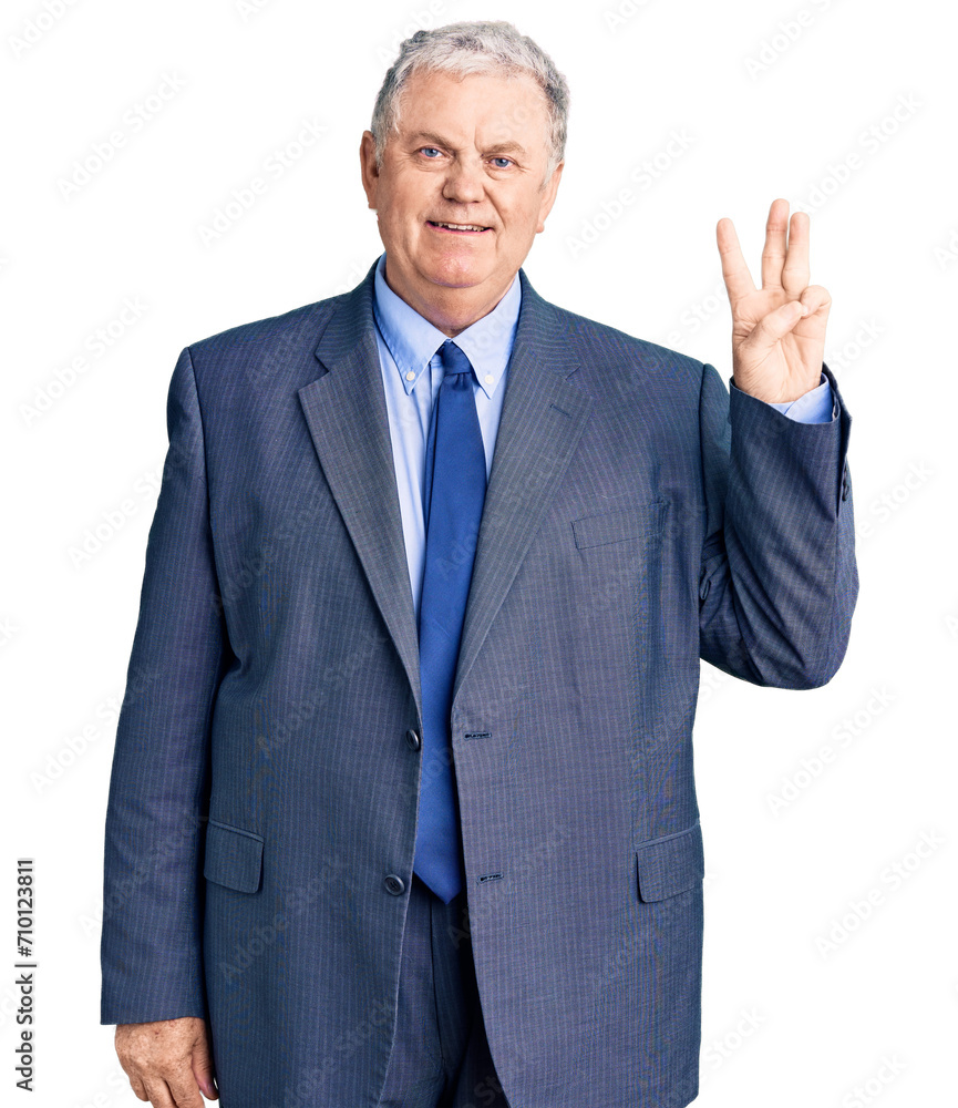 Senior grey-haired man wearing business jacket showing and pointing up with fingers number three while smiling confident and happy. Senior grey-haired man wearing business jacket showing and pointing up with fingers number three while smiling confident and happy.