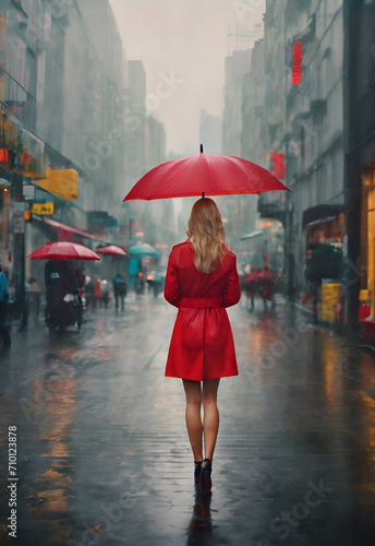 Young blonde woman in red dress walking with a red umbrella through a city street with buildings and shops. Woman seen from the back.
