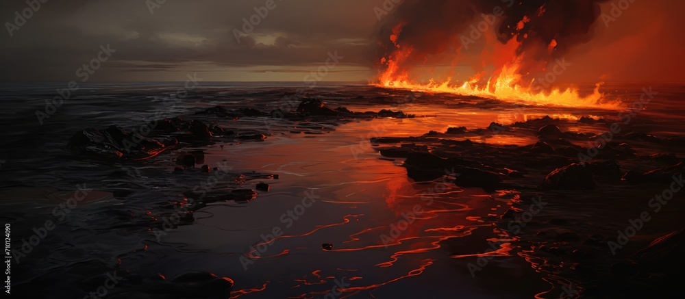 Oil spill with a flame-like appearance in the background. Oil spill with a flame-like appearance in the background.