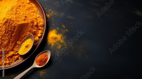 Vibrant turmeric powder on black stone surface with copy space for food and spice concepts