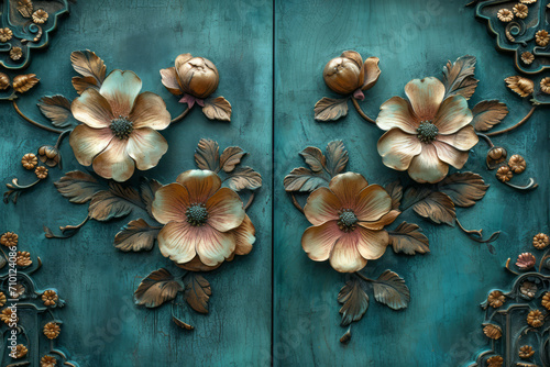 White floral carving on teal wood doors, art deco inspired interior wallpaper, carved, hand painted, surface material texture