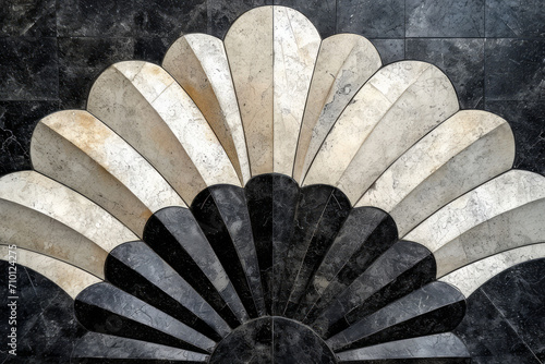 Black and white marble fan, art deco inspired interior wallpaper, carved, hand painted, surface material texture