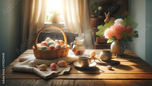 Warm and Cozy Easter Morning with Eggs and Coffee on Wooden Table