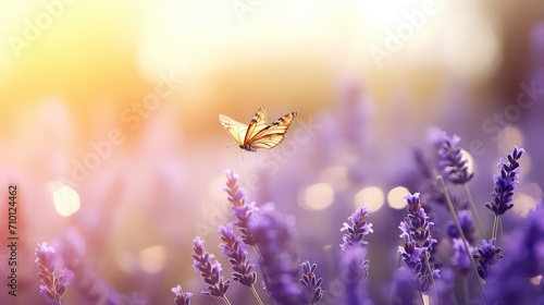 Sunny summer nature background with fly butterfly and lavender flowers with sunlight, soft focus, bokeh, abstract minimalistic print, illustration, royal colors Outdoor nature banner