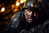 A dirty miner, wearing a helmet with a light, is in a dark, illuminated underground mine.