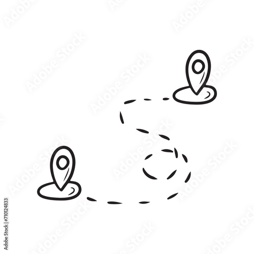 Destination road route from A to B in black isolated on white background. Hand drawn vector sketch illustration in simple doodle line art. Concept of travel, navigation process, driving.