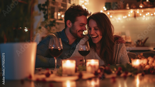Happy Young Couple in Love Hugging, Laughing, Drinking Wine, Enjoying Talking, Having Fun Together Celebrating Valentine's Day Dining at Home. Having a Romantic Dinner Date with Candles, Sitting at a 