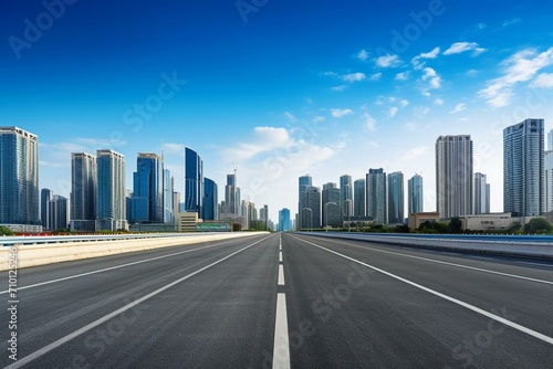 An empty road with city buildings in the background. New highway construction representing the way to success in transportation and logistics. Generative AI