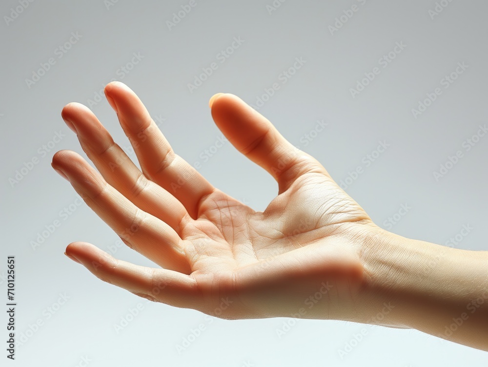 Human hands on white wall background. Man hand gesture. Minimalistic ai generated illustration.