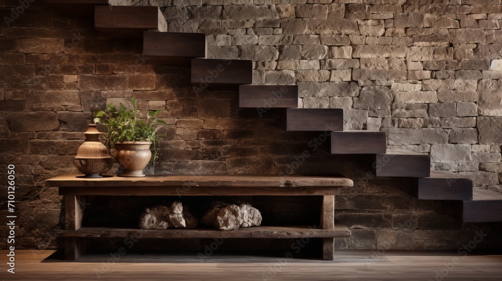 Fototapeta premium Warm and inviting rustic hallway with elegant wooden staircase and beautiful stone cladding wall